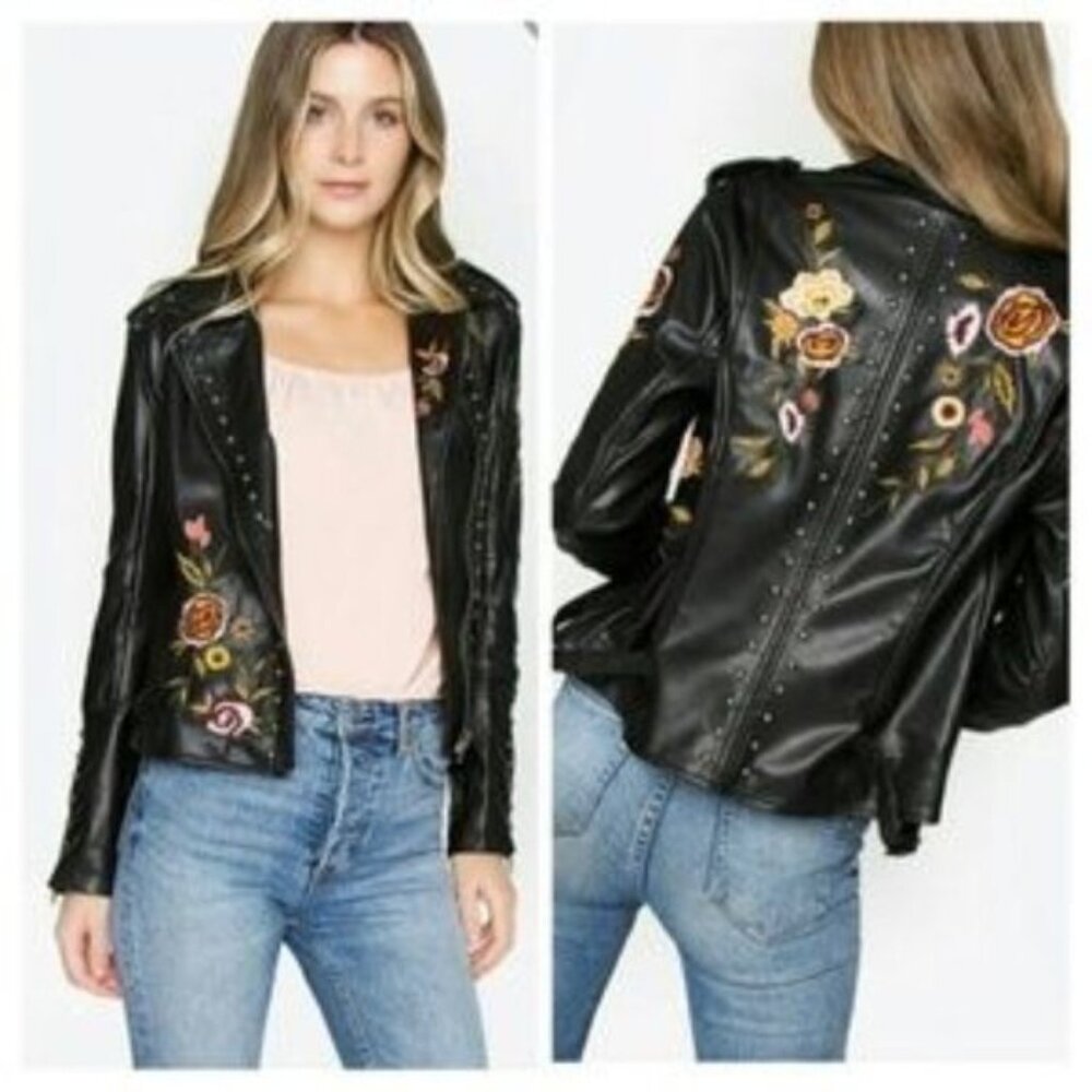 SUGARLIPS biker jacket faux leather embroidered floral print notched collar NWT